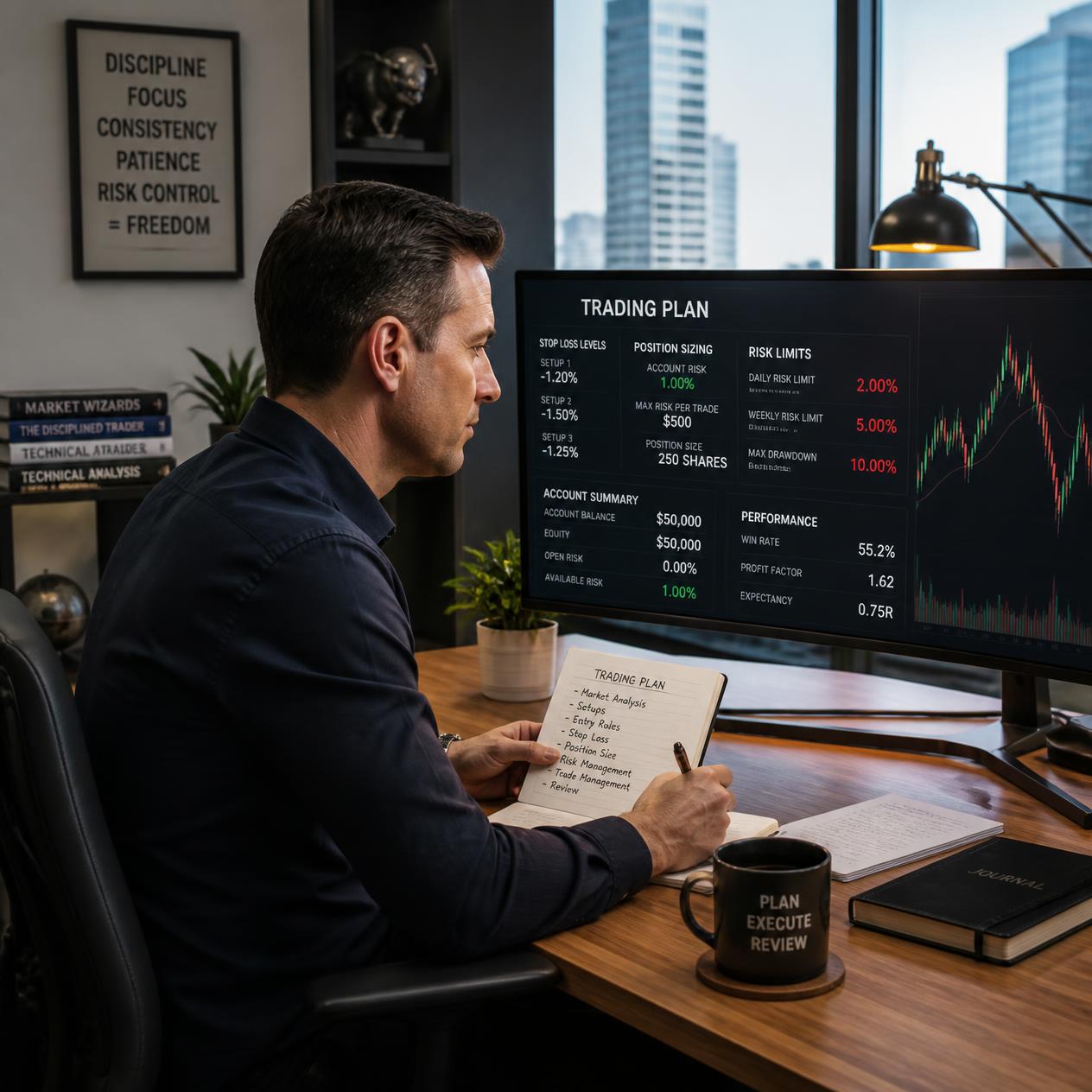 A professional trader calmly following a written trading plan beside a monitor displaying stop-loss levels, position sizing, and risk limits, modern trading workstation, clean financial office, focused disciplined