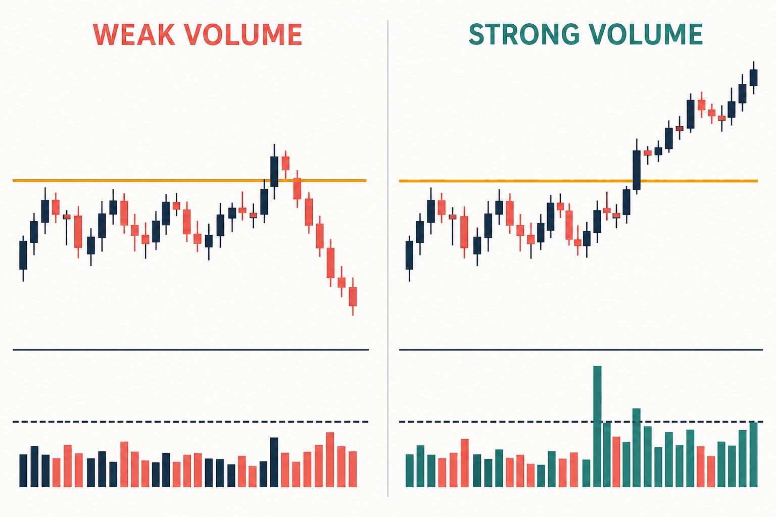 Weak vs. Strong Volume Breakout: side-by-side chart comparison showing a breakout with weak volume versus one confirmed by strong volume