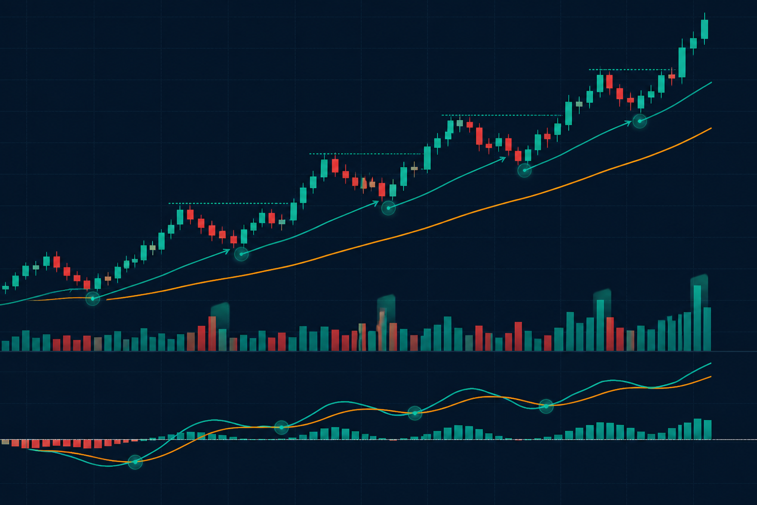 Candlestick chart showing higher highs and higher lows with a MACD momentum indicator confirming an uptrend