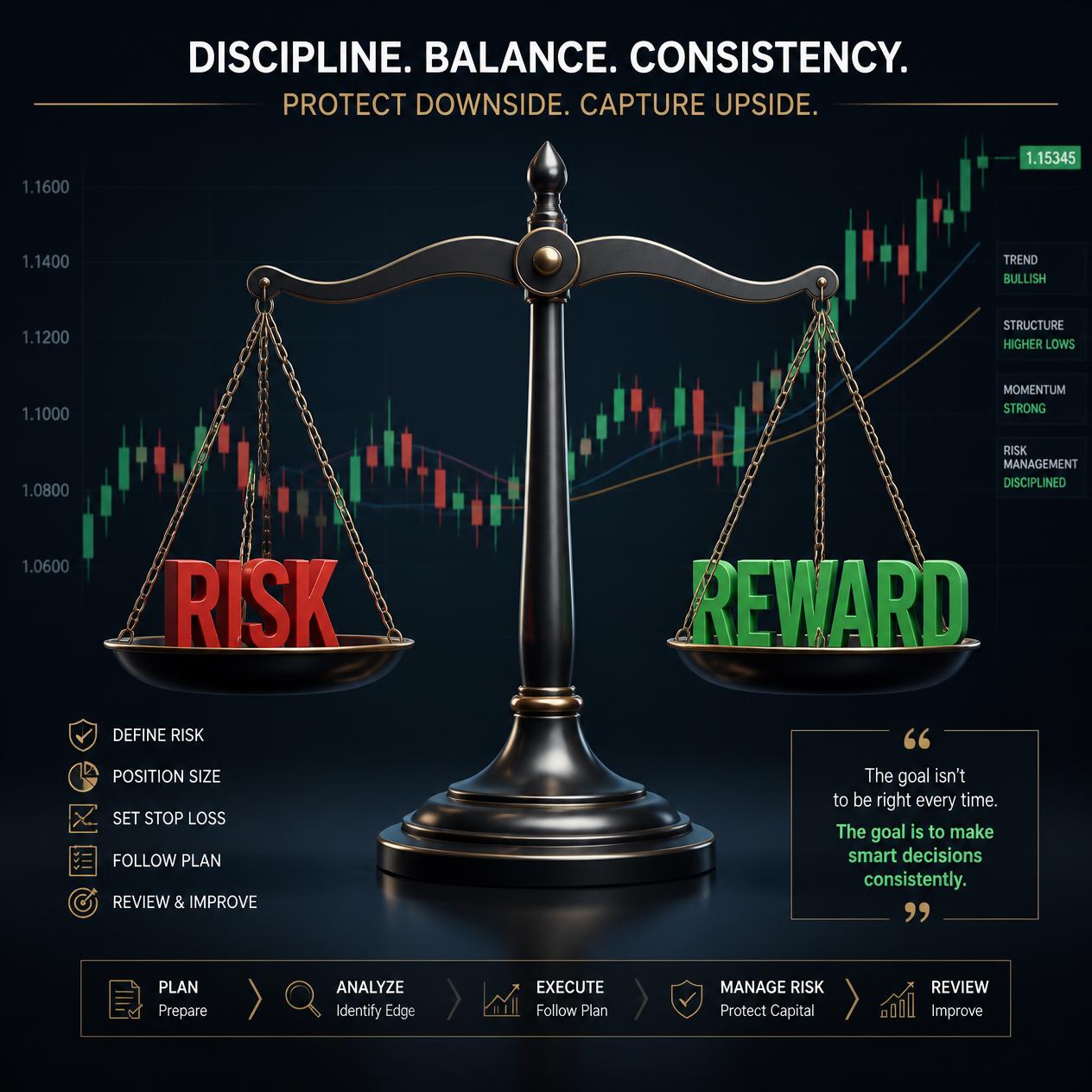 A clean, professional trading-themed image showing a balance scale with the word Risk on one side and Reward on the other, against a subtle trading chart background with candlesticks and line graph elements. Emphas